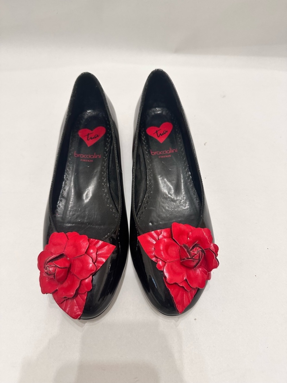 Braccialini Black Patent Flats with Red Floral Applique